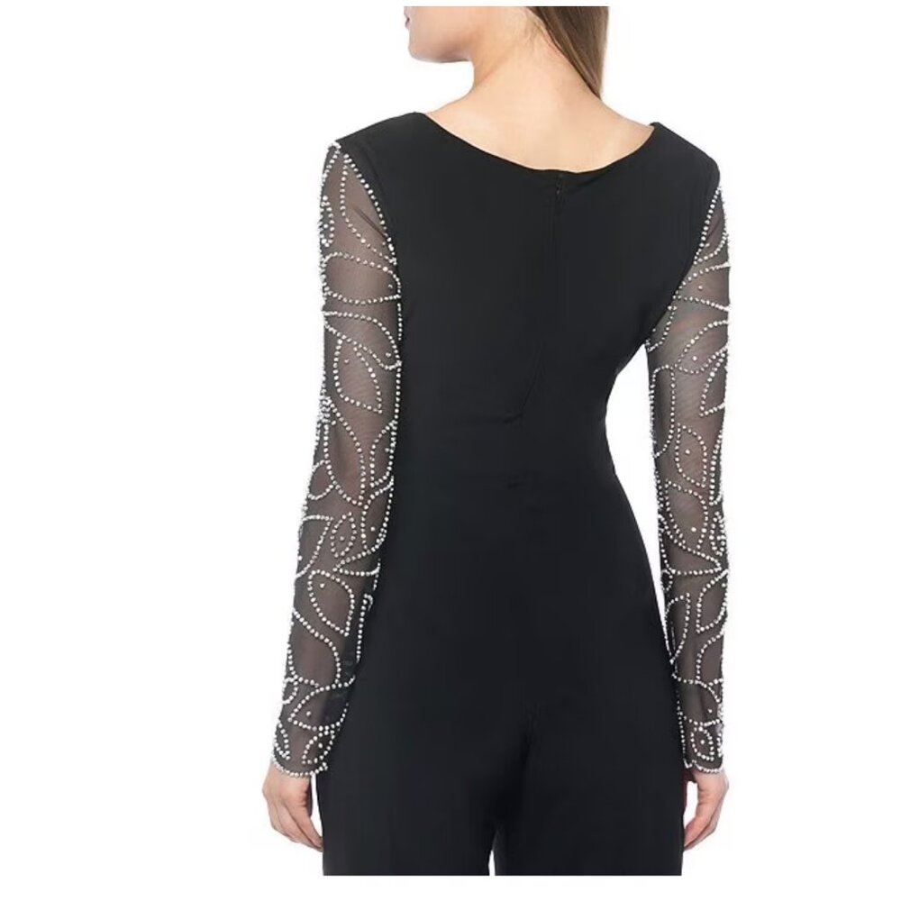 Marina Matte Jersey Sheer Beaded V-Neck Knot Bodice Jumpsuit - Picture 4 of 14